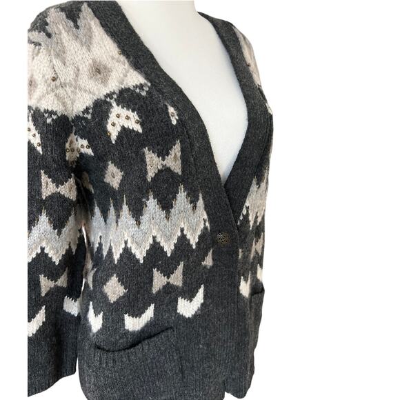 J.Jill Wool Blend Fair Isle Gray Button Cardigan Women's Size L Chevron w Beads - Picture 5 of 11